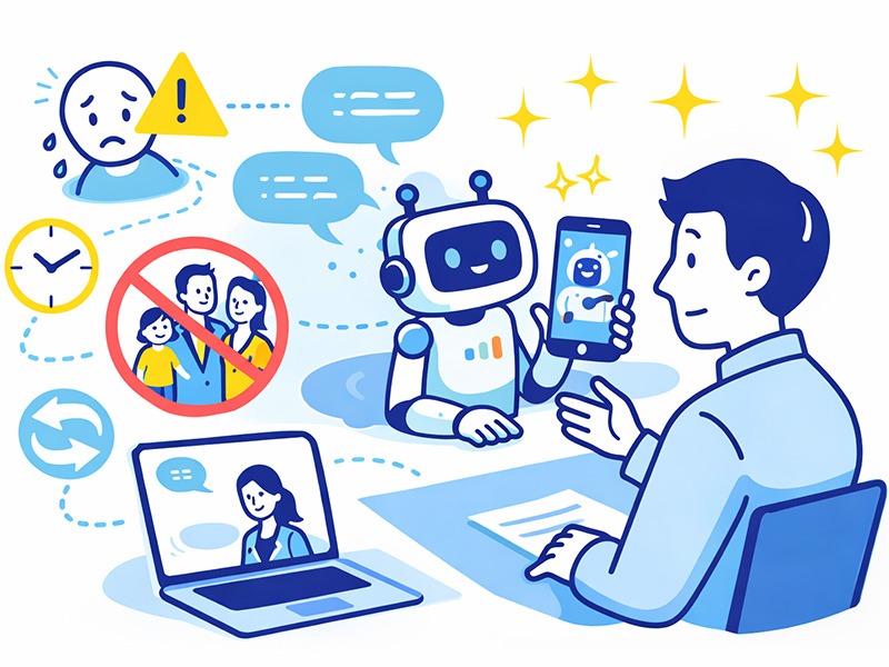 AI面接練習が注目される理由を表現したイラスト。面接に不安を抱える人が、一人でも練習できる環境やAIサポートを示す構図。