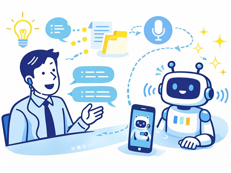 ChatGPT音声を使った面接練習方法を示すイラスト。音声ボイスモードで対話しながら回答の組み立てを練習する様子を表現。