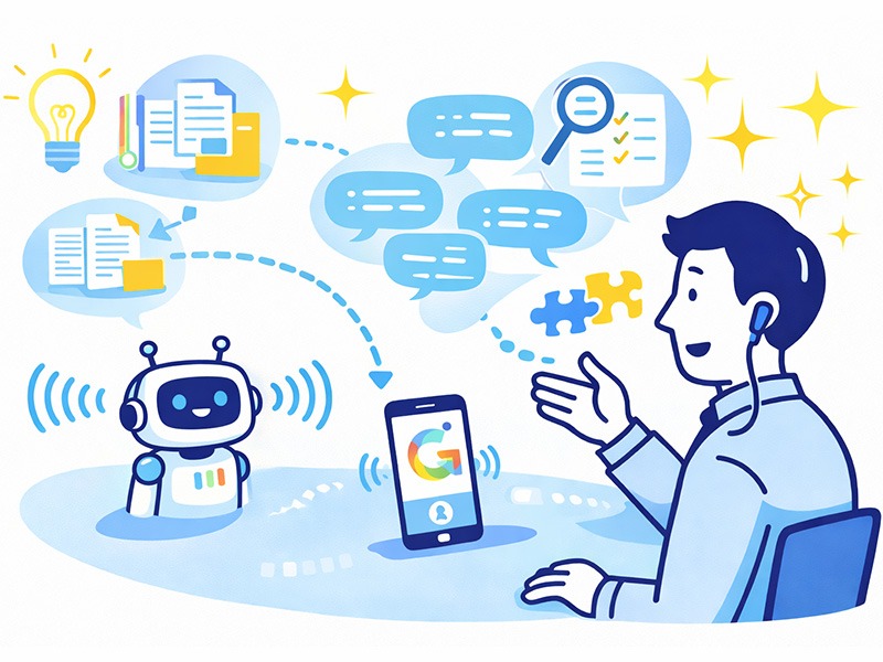 Gemini音声モードを使ったAI面接練習の活用ポイントを示すイラスト。自然な対話で回答内容を整理しながら練習する様子を表現。