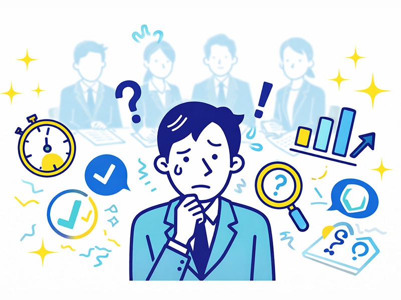 集団グループ面接で何を基準に評価されるのか分からず不安になる就活生を表したイラスト｜集団面接 マナー 不安 理由 就活