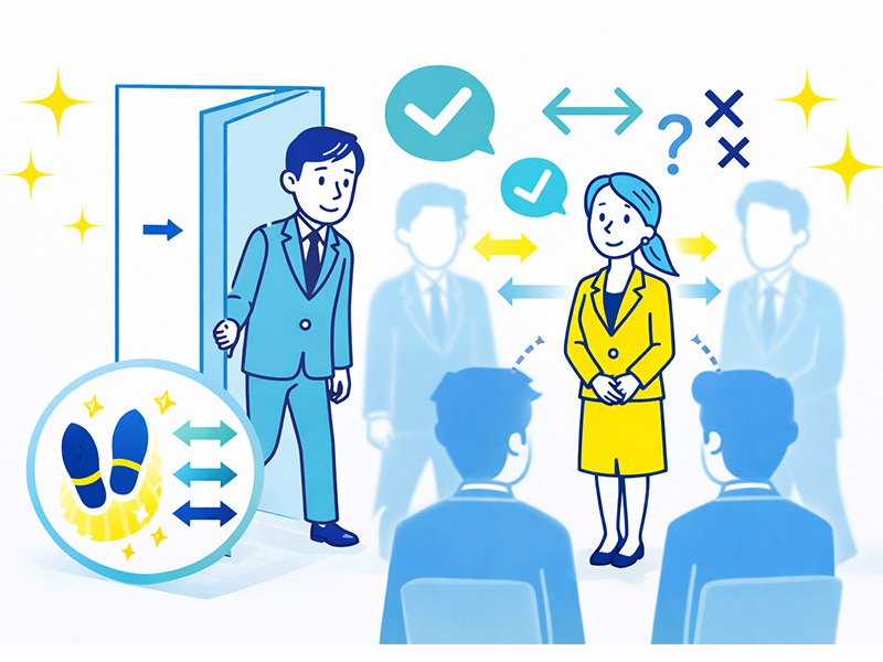 集団グループ面接で入退室や立ち位置を判断し、周囲に配慮して行動する就活生を表したイラスト｜集団面接 入退室 立ち位置 マナー 就活