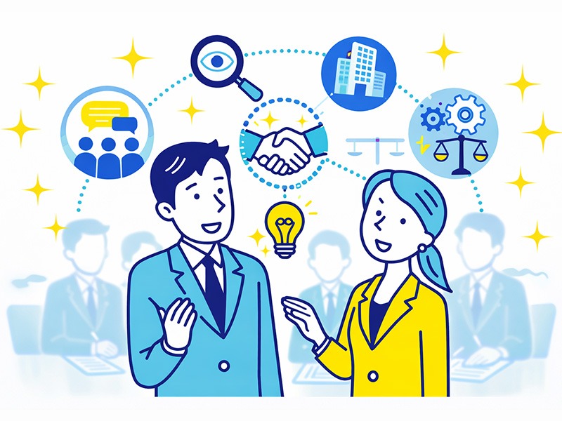 集団グループ面接で企業が社会人としての振る舞いや状況判断力を評価する視点を表したイラスト｜集団面接 企業 見る視点 評価基準 就活