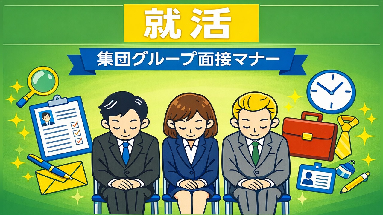 集団面接で礼儀とマナーを守る就活生のイラスト｜就活 集団面接 マナー 対策