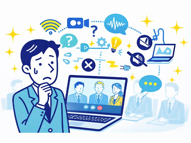 オンライン集団グループ面接で通信環境や画面映り、発言タイミングに不安を感じる就活生を表したイラスト｜オンライン 集団面接 マナー 就活