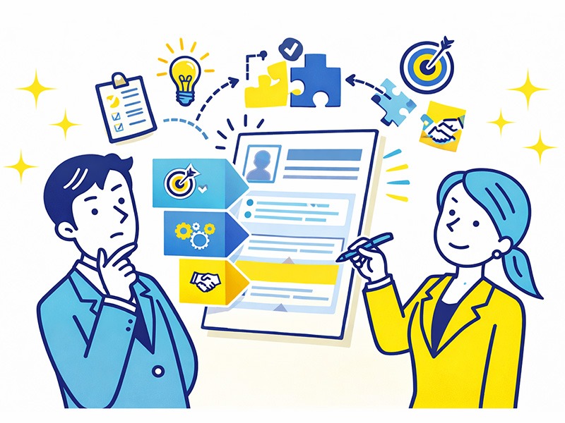 履歴書の志望動機を構成から考え、伝わりやすい流れで整理している様子を表したイラスト