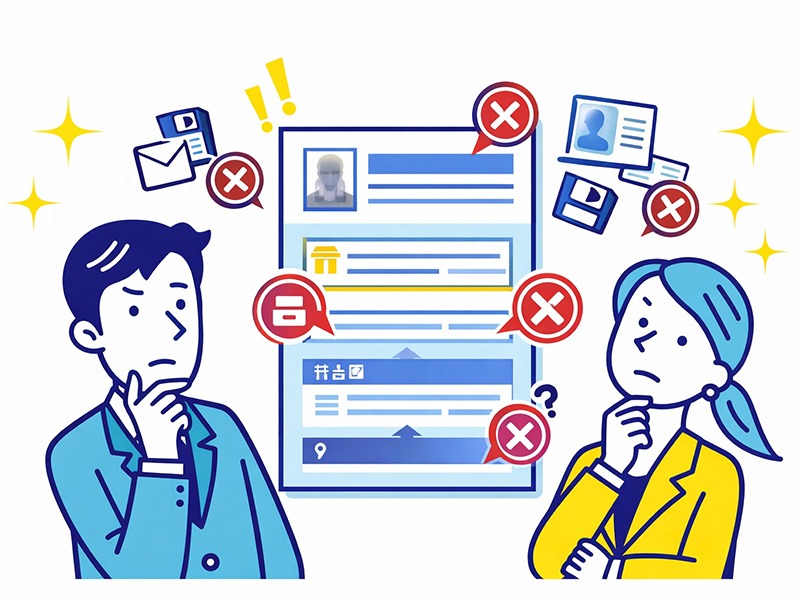 履歴書テンプレートを使う際の注意点として、記入ミスや形式の違いを確認している様子を表したイラスト