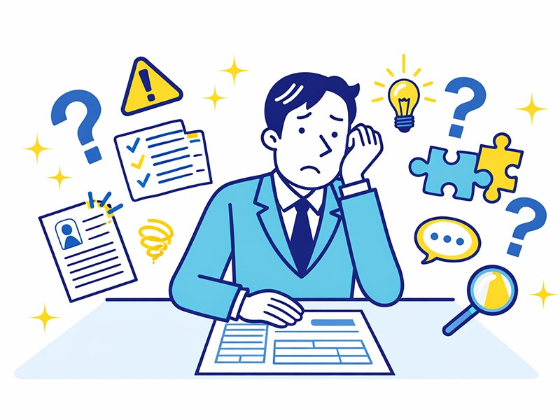 履歴書テンプレートを前にして書き方に迷い、どこから書くべきか分からず手が止まっている様子を表したイラスト