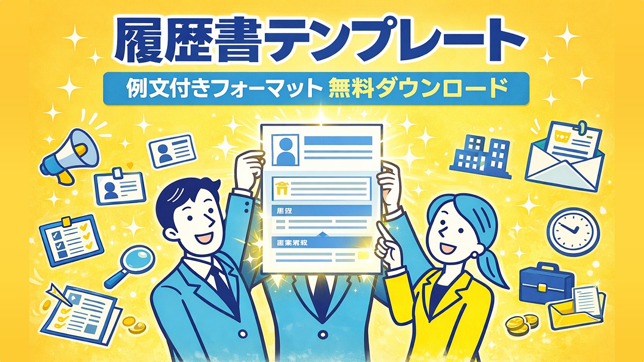 履歴書テンプレートの例文付きエクセルフォーマットを無料ダウンロードできることを表したメインビジュアルイラスト