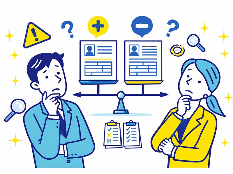 履歴書テンプレートを比較しながら、自分に合う形式の選び方に迷っている様子を表したイラスト