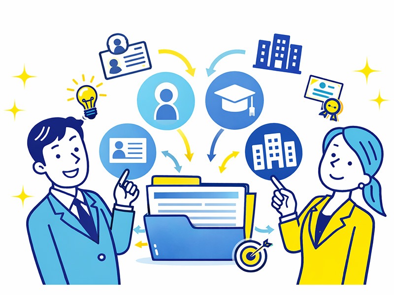 履歴書テンプレートの全体構成を理解し、基本情報や職歴などの配置順を整理している様子を表したイラスト