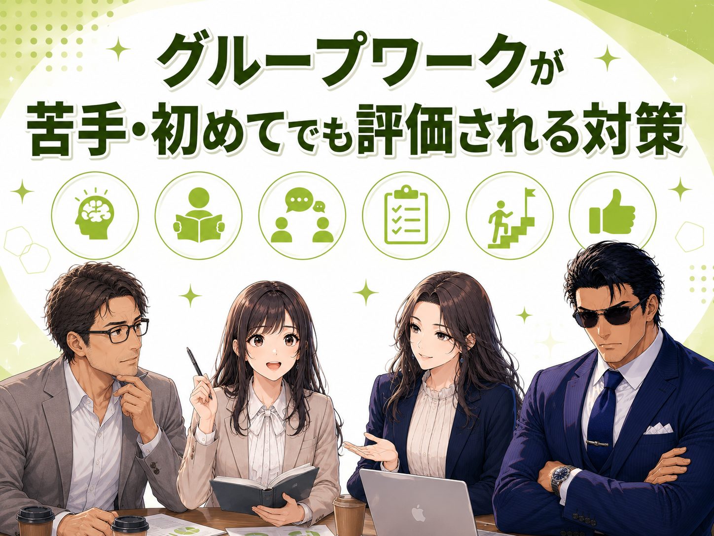 グループワークが苦手・初めてでも評価される対策を解説するイメージ画像。就活で評価されるコツや進め方、役割、オンライン対策、喋らない人の立ち回りを紹介