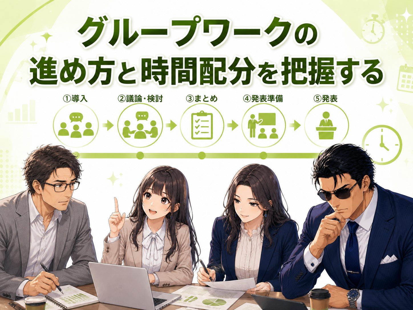 グループワークの進め方や時間配分を解説するイメージ画像。就活で評価される進行手順や各フェーズの時間配分、効率的な進め方のコツを紹介