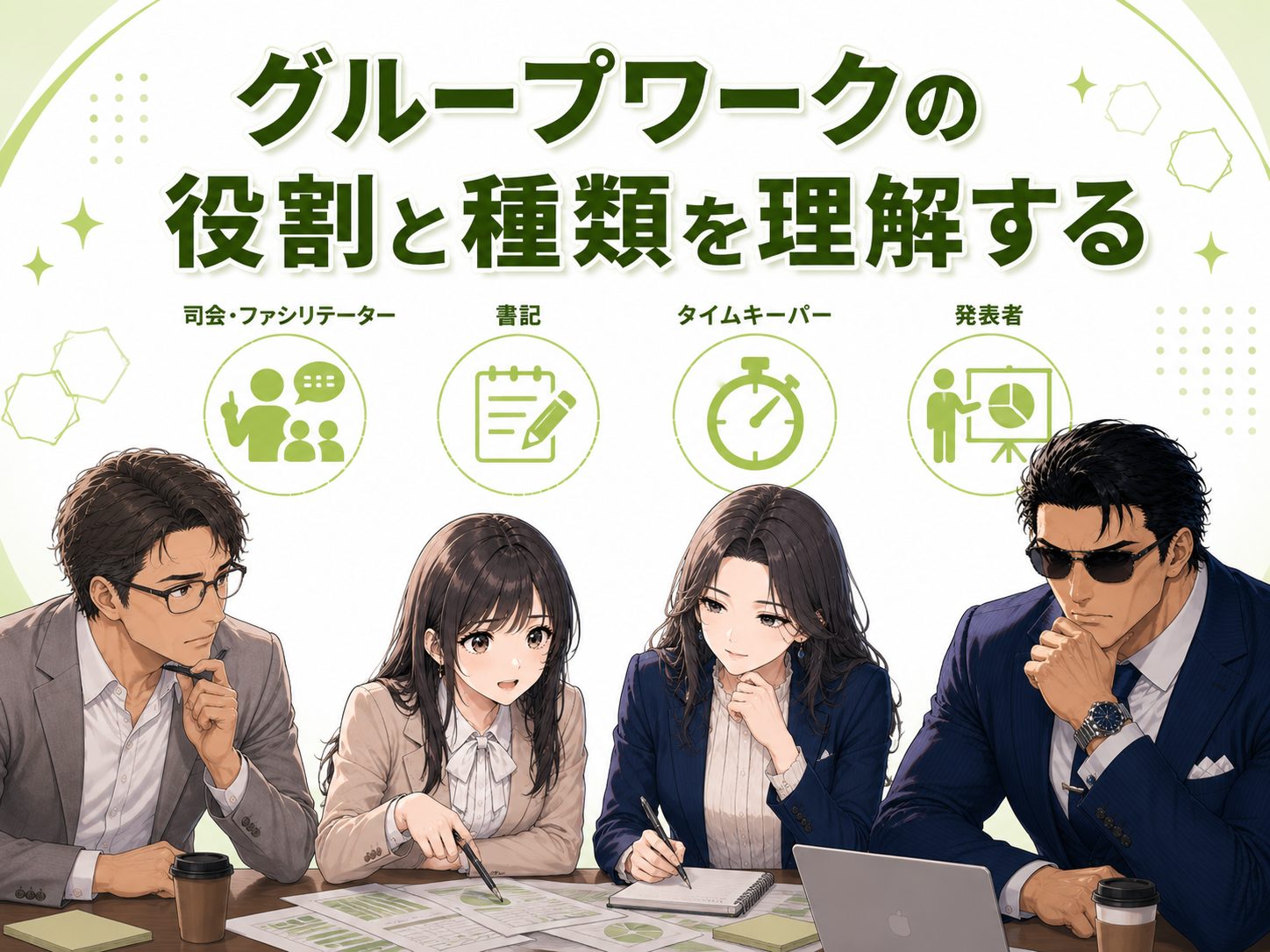 グループワークの役割と種類を解説するイメージ画像。司会・リーダー(ファシリテーター)、書記、タイムキーパー、発表者、アイデアマンなど就活でよくある役割を紹介