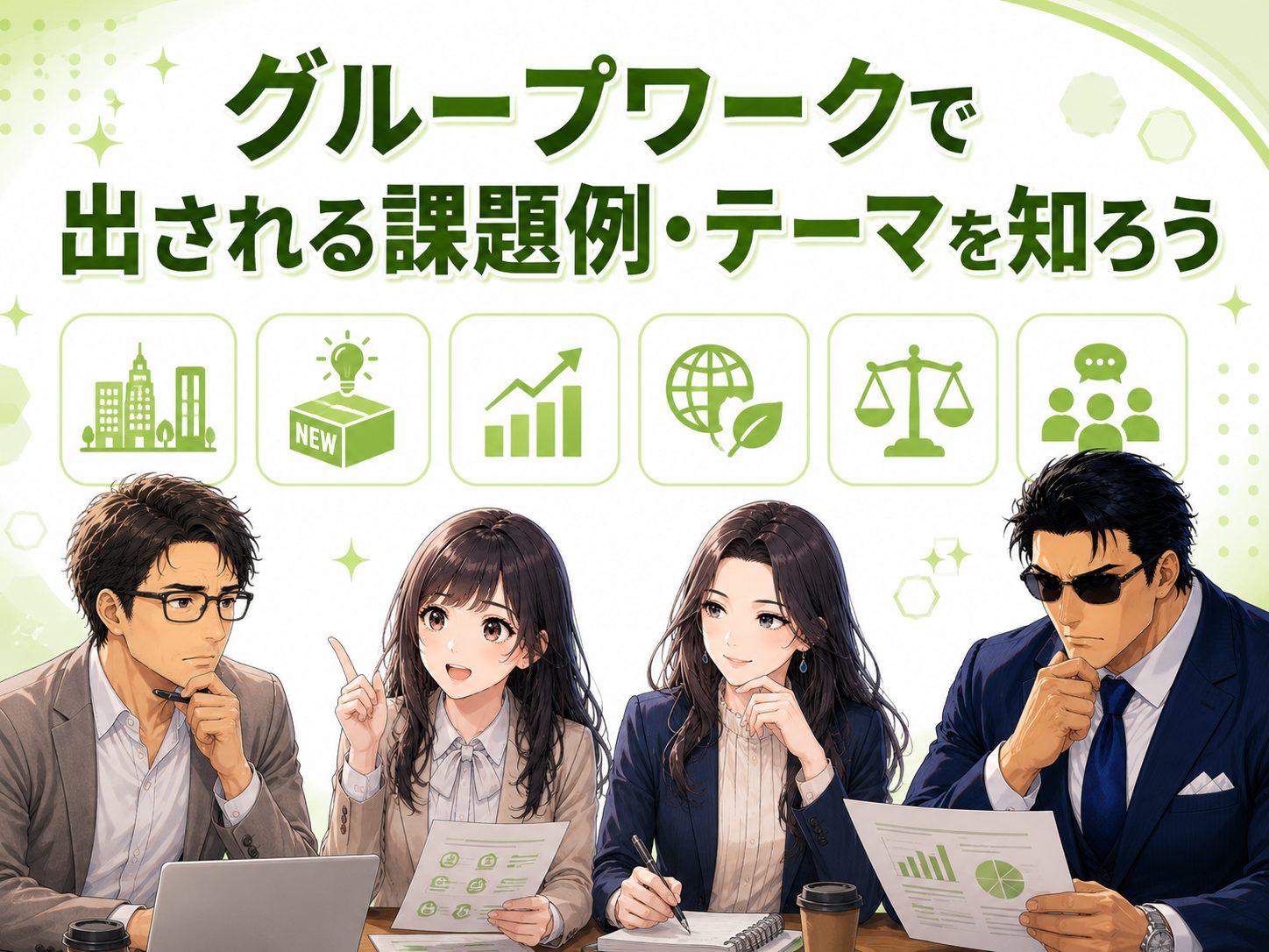 グループワークで出される課題例やテーマを紹介するイメージ画像。課題解決型やディスカッション型など就活で出題されやすいテーマを分かりやすく解説