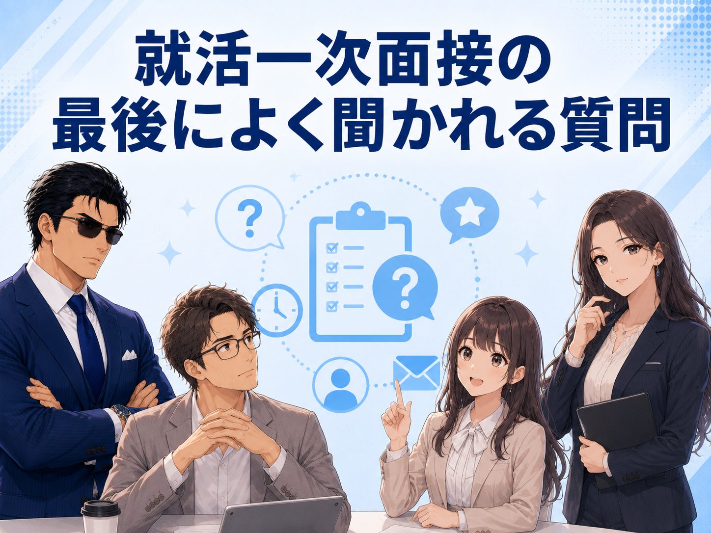 就活・新卒の一次面接の最後によく聞かれる質問を解説するイメージ画像。逆質問や入社意思、他社の選考状況、最後に一言など質問内容と面接官が見ているポイントを紹介