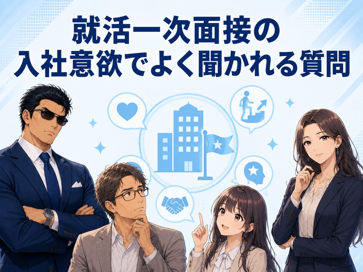 就活・新卒の一次面接で入社意欲を確認するためによく聞かれる質問を解説するイメージ画像。志望動機や企業選びの軸、入社後に挑戦したいことなど質問内容を紹介