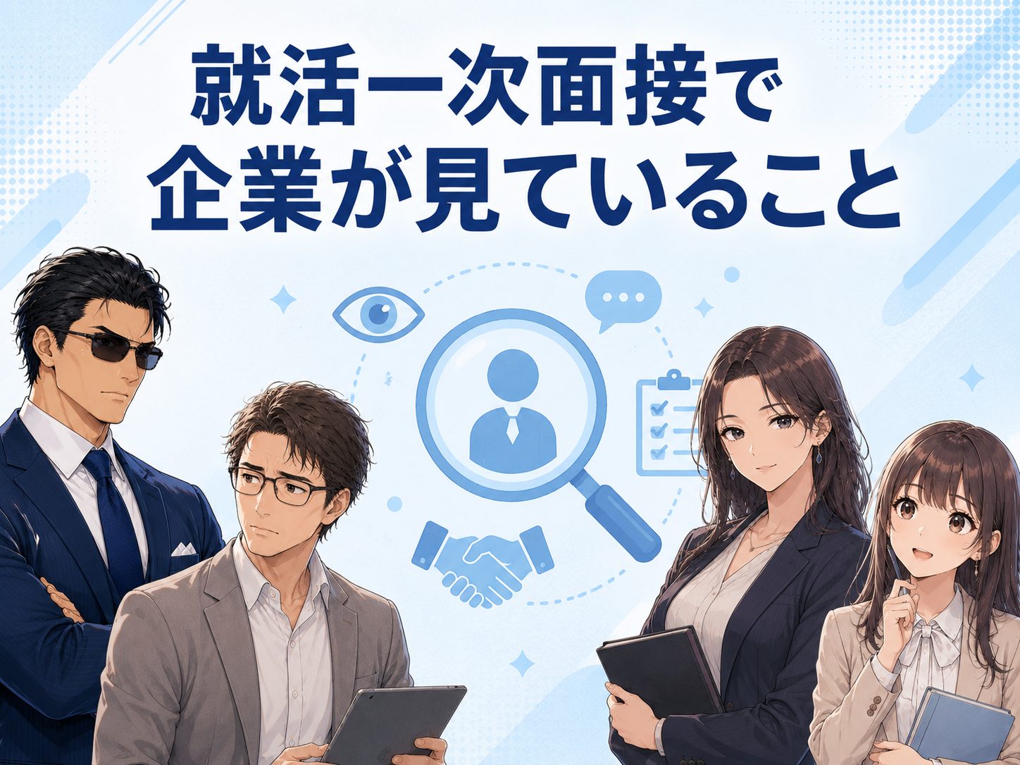就活・新卒の一次面接で企業が見ていることを解説するイメージ画像。人柄やコミュニケーション力、基本的なマナー、仕事への考え方など一次面接で評価されるポイントを紹介
