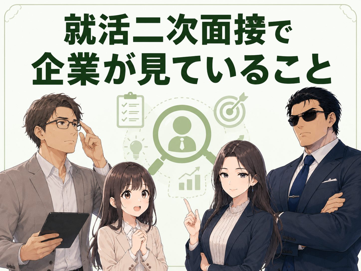 就活・新卒の二次面接で企業が見ている評価ポイントを解説するイメージ画像。一次面接との違いや現場で活躍できる人材かを見極める評価基準を紹介