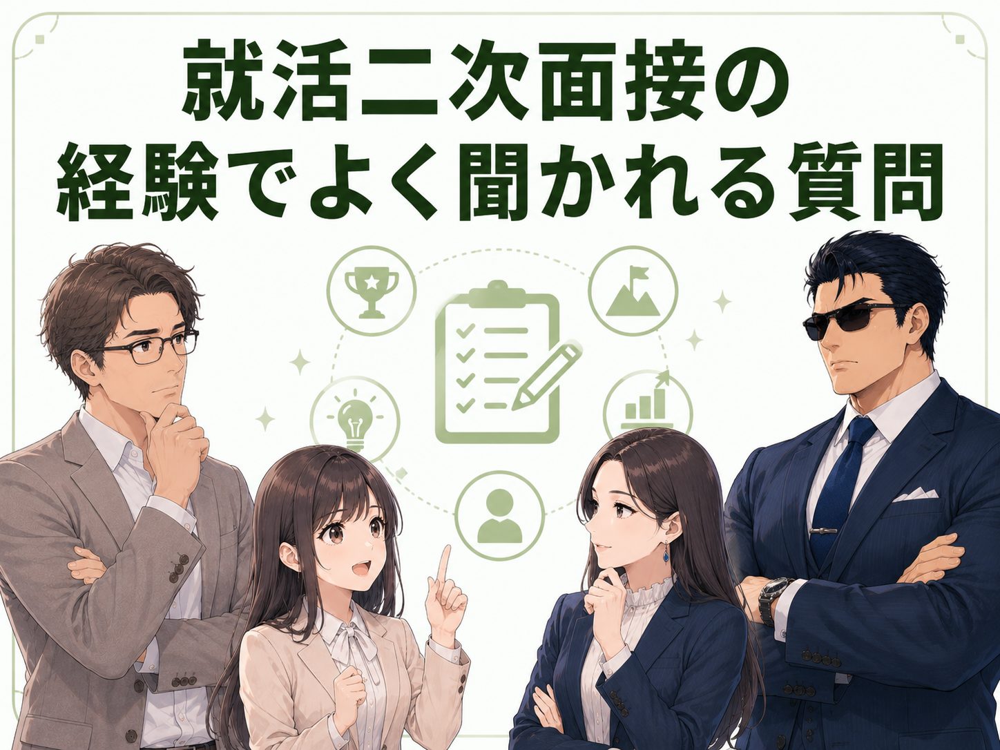 就活・新卒の二次面接で経験についてよく聞かれる質問を解説するイメージ画像。ガクチカや挑戦した経験、成果や工夫など企業が確認する質問内容を紹介