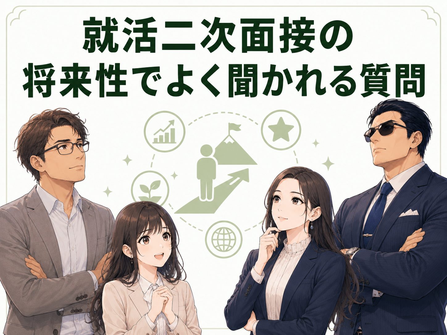 就活・新卒の二次面接で将来性についてよく聞かれる質問を解説するイメージ画像。入社後にやりたいことやキャリアプラン、成長意欲など企業が確認する質問内容を紹介