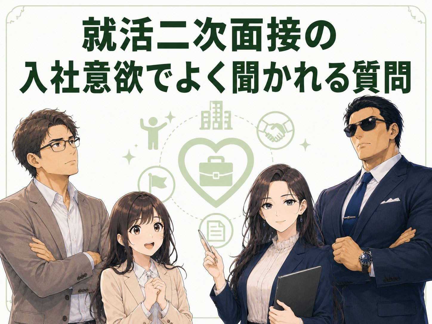 就活・新卒の二次面接で入社意欲についてよく聞かれる質問を解説するイメージ画像。志望動機や企業選びの理由、入社後に挑戦したいことなど質問内容を紹介