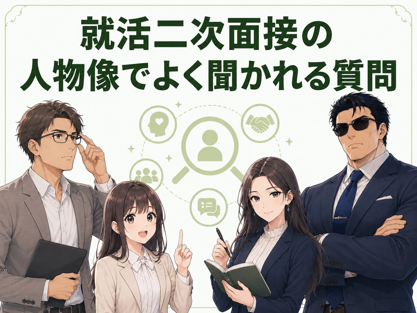 就活・新卒の二次面接で人物像についてよく聞かれる質問を解説するイメージ画像。強みや弱み、価値観、人柄など企業が確認する質問内容を紹介