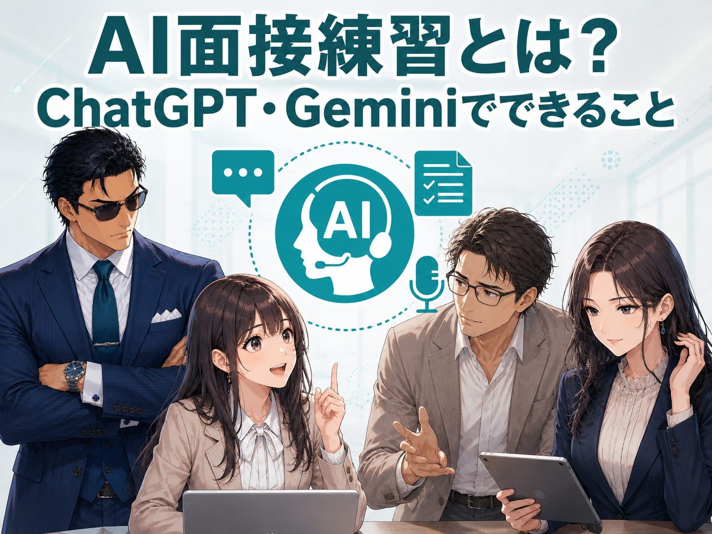 ChatGPT・Geminiを使ったAI面接練習のやり方や面接官役、回答添削、AI模擬面接でできることを分かりやすく解説する画像