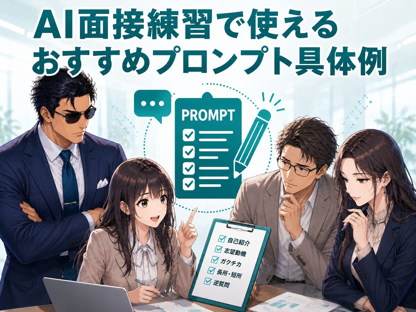 AI面接練習プロンプトの具体例を紹介し、ChatGPT面接プロンプトやAI面接プロンプト例、想定質問・志望動機・自己PRの練習方法を解説する画像
