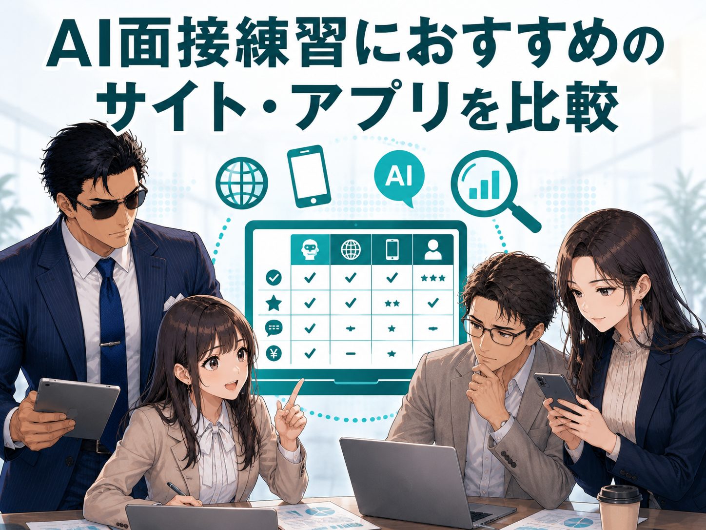 AI面接練習アプリ・サイトを比較し、ChatGPT・Geminiなどの特徴や無料で使えるAI模擬面接ツール、面接官役・回答添削・音声練習機能を紹介する比較画像