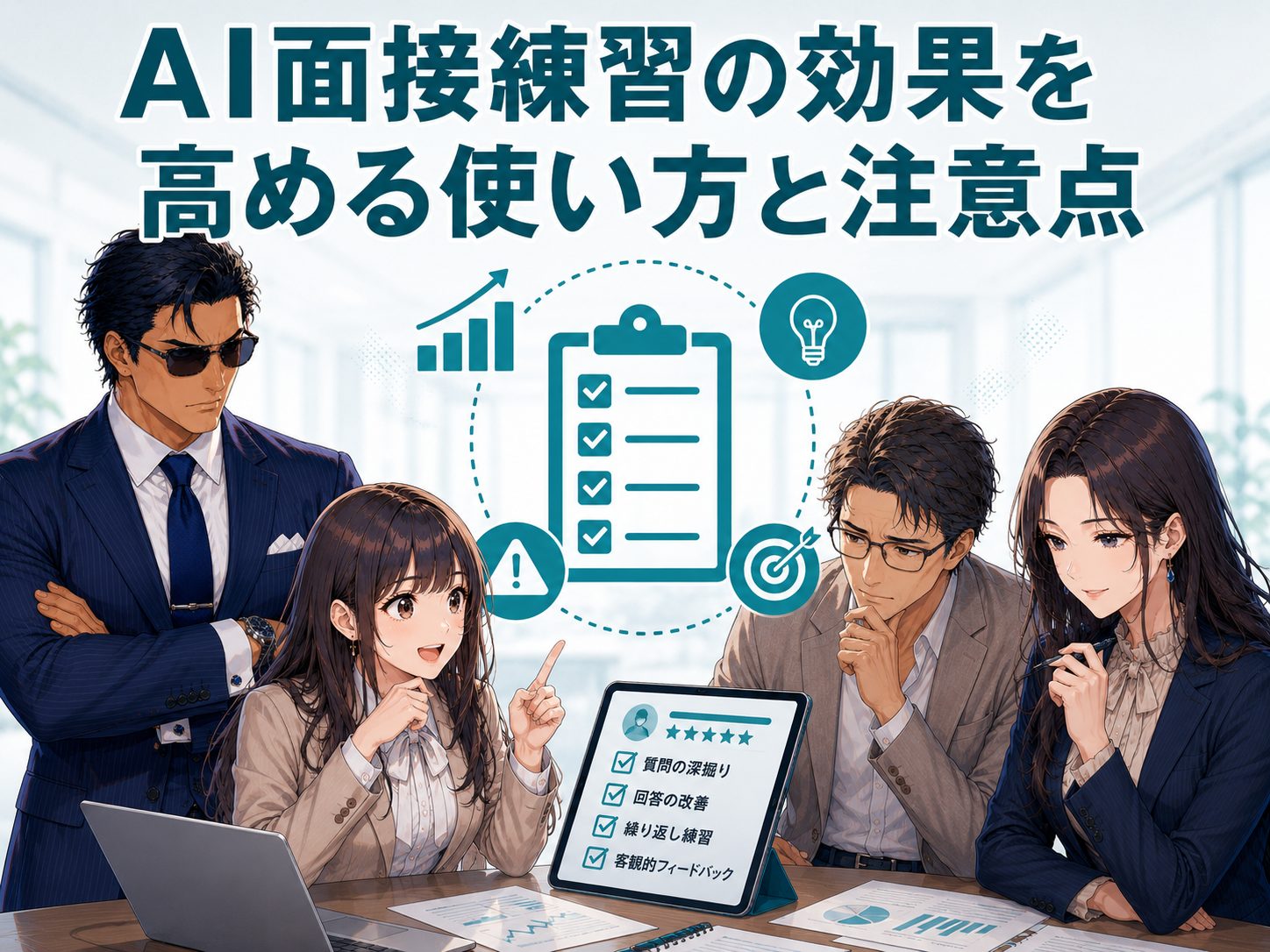 AI面接練習の効果を高める使い方や注意点を紹介し、ChatGPT・Geminiによる回答添削やフィードバック、AI面接対策のポイントを解説する画像