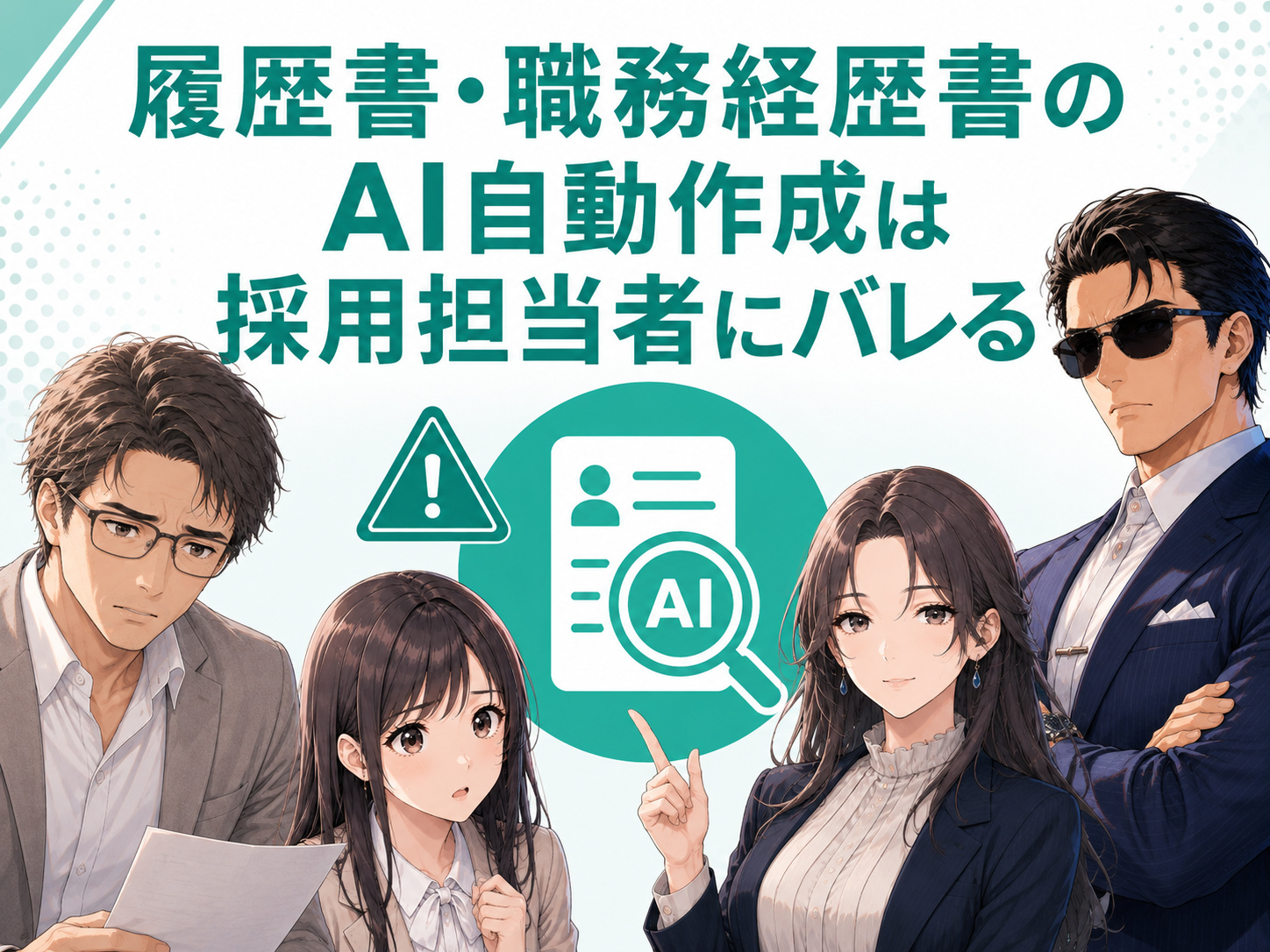 履歴書や職務経歴書、ESをAI・ChatGPTで自動作成すると採用担当者にバレるのか、AI特有の文章や書類選考で見抜かれるポイントを解説するイメージ