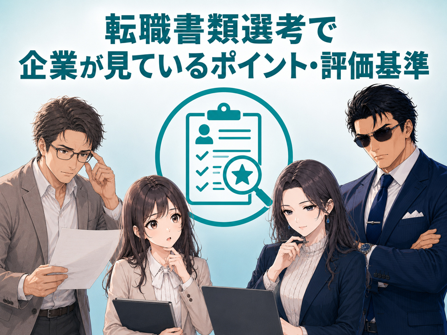 転職・中途採用の書類選考で企業が見ている経験・スキルや職歴・実績、転職理由・志望動機などの評価基準を解説する画像