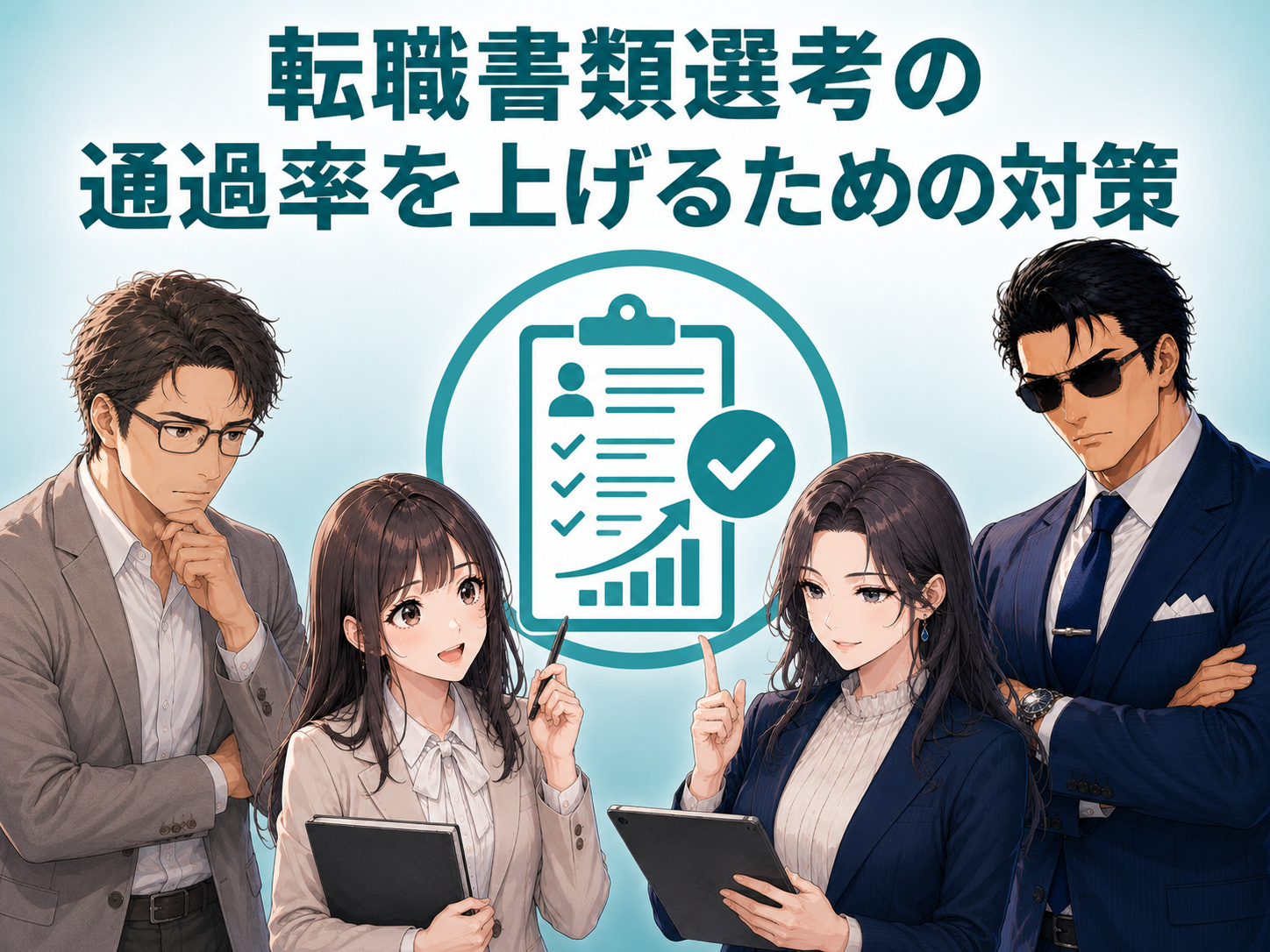 転職の書類選考通過率を上げるため、経験・スキルを活かせる求人選びや履歴書・職務経歴書のフォーマット、読みやすい書き方を解説する画像