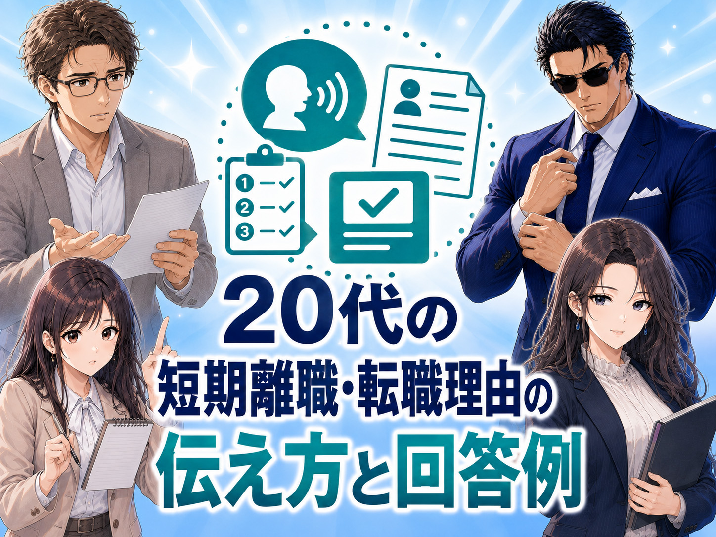 20代で短期離職や転職を繰り返した人に向けて、退職理由や転職理由を面接でポジティブに伝える方法と、転職回数が多い場合の回答例を解説する画像