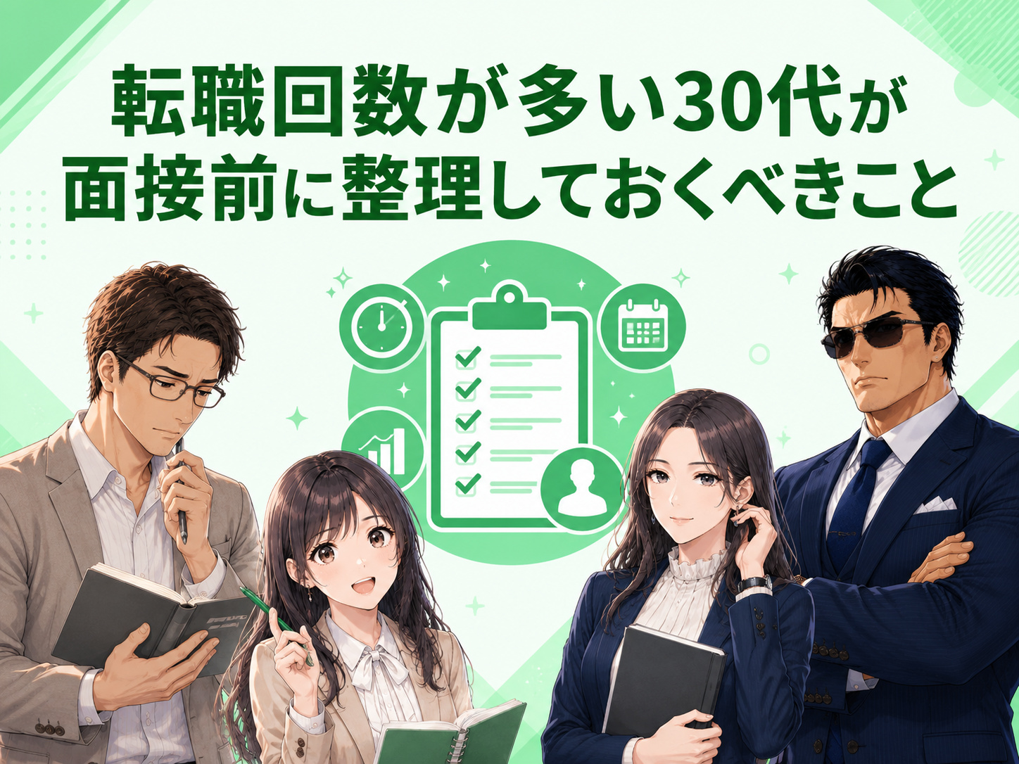 転職回数が多い30代の面接対策として、転職・退職理由やブランク期間の過ごし方、これまでの経験と今後のキャリアを整理するポイントを解説する画像
