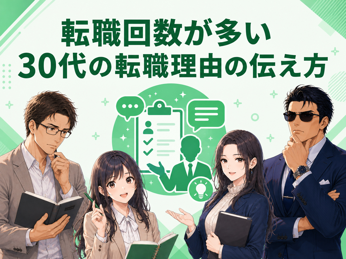 転職回数が多い30代に向けて、面接でキャリアの一貫性を示し、ブランクや早期退職の転職理由を納得感のある形で伝える方法を解説する画像