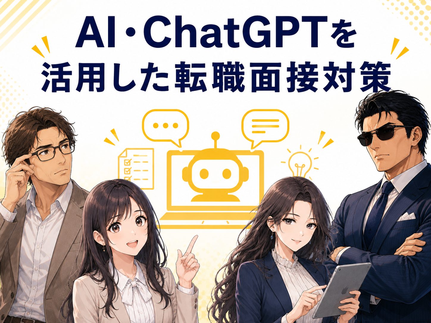 AI・ChatGPTを活用した転職面接対策を解説するイメージ画像。一人でできる面接練習や想定質問、回答添削などAIを活用した効率的な転職面接対策を紹介