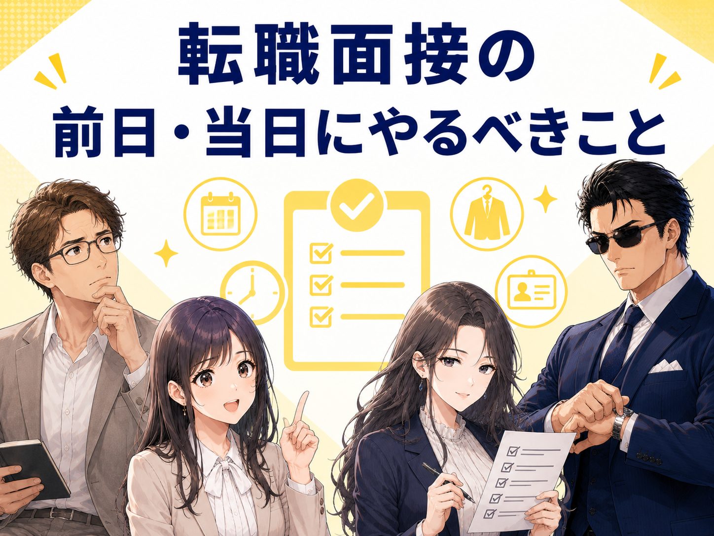 転職面接の前日・当日にやるべき準備を解説するイメージ画像。面接前日の確認事項や当日の心構え、オンライン面接のチェックポイントを紹介