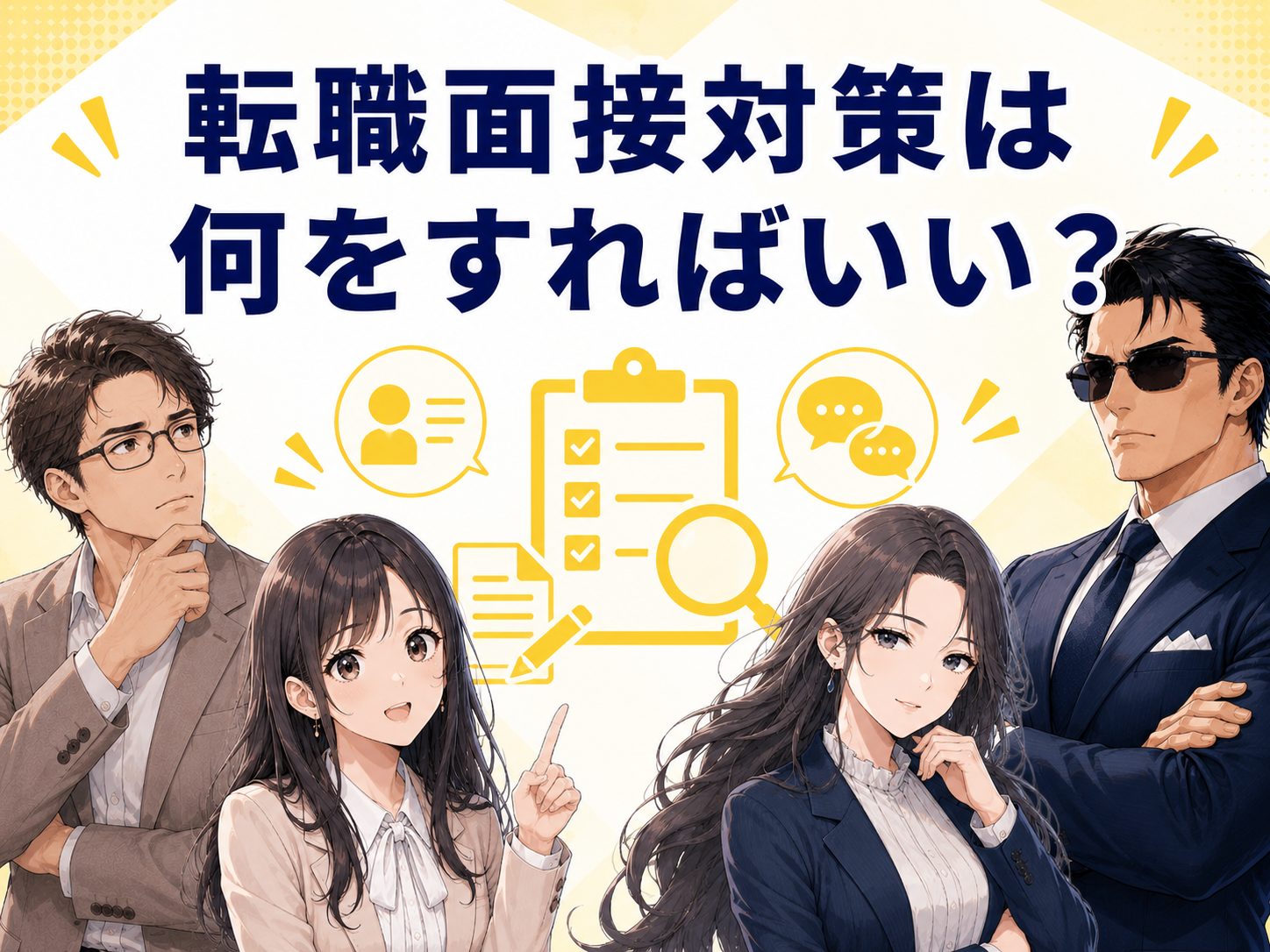 転職面接対策で何を準備すればいいのかを解説するイメージ画像。企業研究や想定質問、志望動機、面接練習など優先して取り組む面接対策を紹介