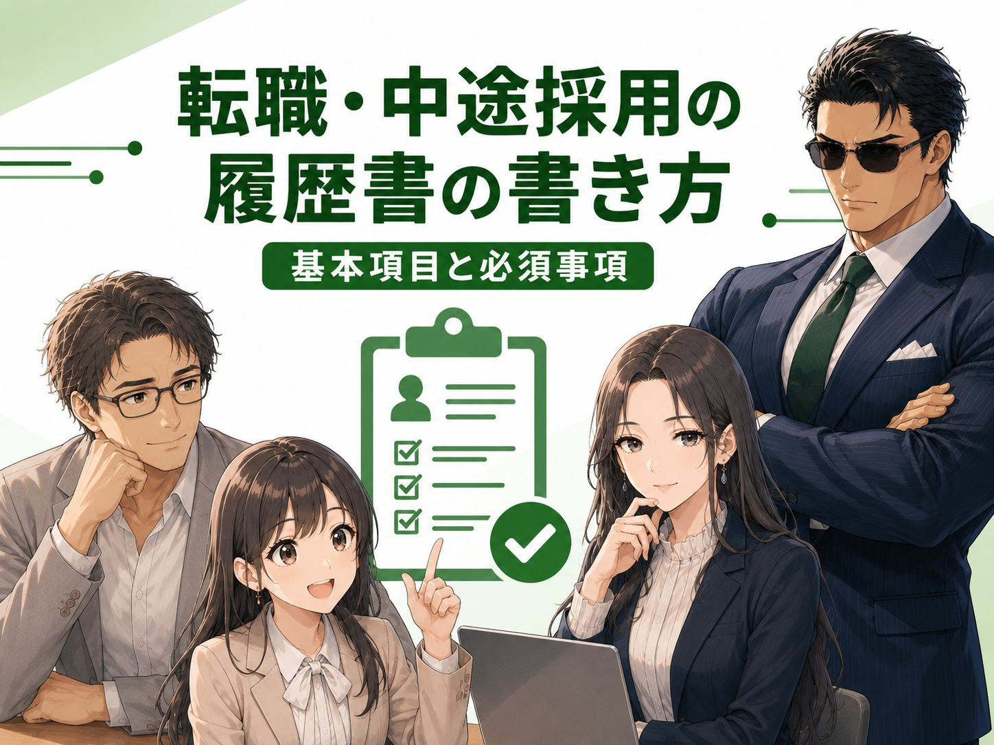 転職・中途採用の履歴書の基本的な書き方を解説する画像。日付・氏名・住所・連絡先・生年月日などの履歴書の項目や必須事項、記入ルールを紹介