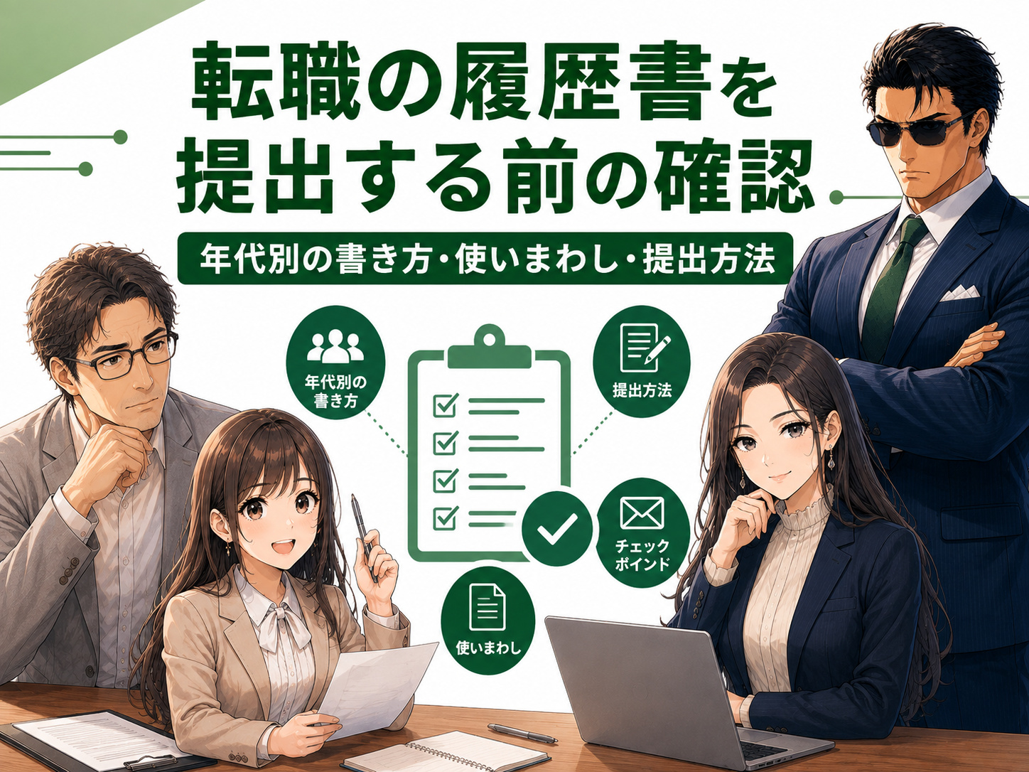 転職の履歴書を提出する前の確認事項を解説する画像。20代・30代・40代・50代・シニアの年代別の書き方、履歴書の使いまわし、メール・PDFでの提出方法を紹介