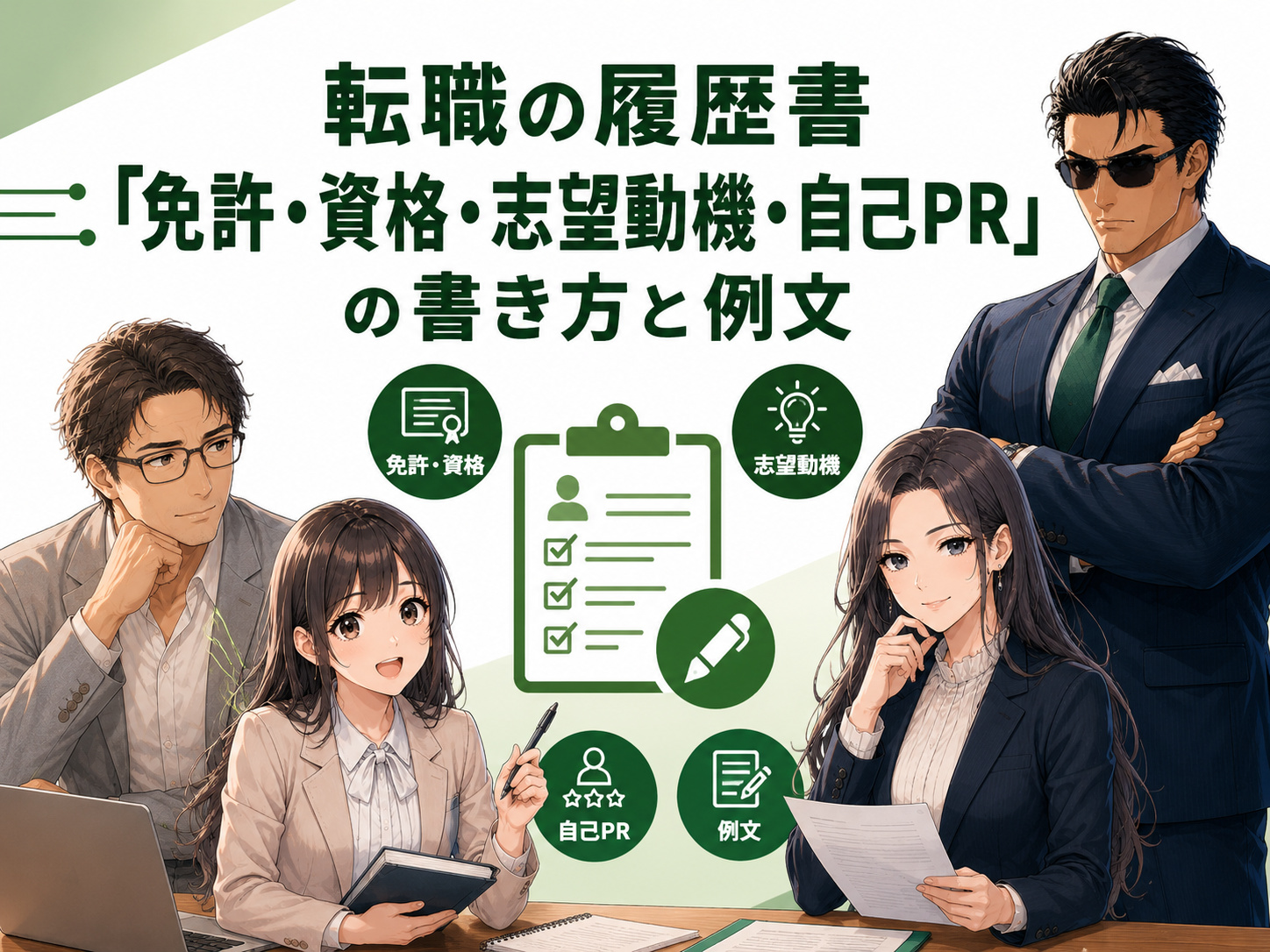 転職の履歴書の免許・資格、志望動機、自己PRの書き方を解説する画像。免許資格の記載方法や採用担当者に伝わる志望動機・自己PRの例文を紹介