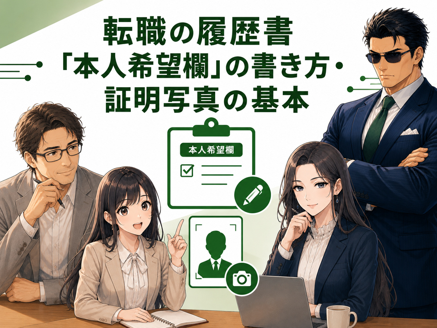 転職の履歴書の本人希望欄と証明写真の基本を解説する画像。希望職種・勤務時間・転勤などの書き方と、証明写真の服装・髪型・背景・メイク・ネクタイを紹介