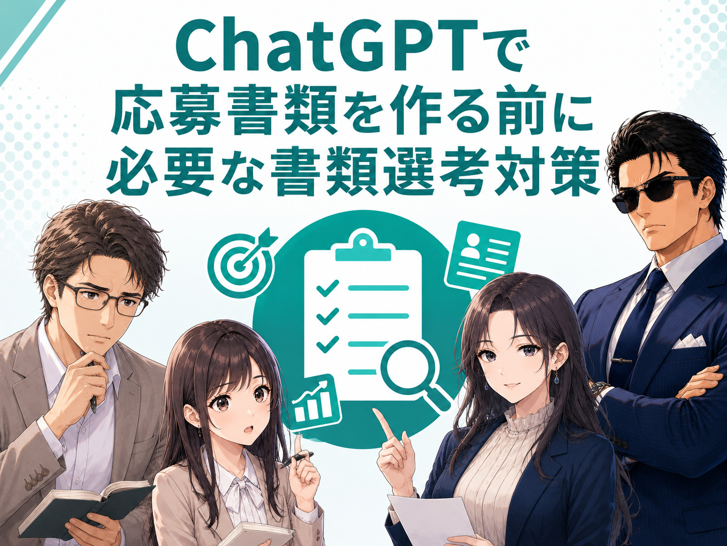 ChatGPTで履歴書・職務経歴書・ESなどの応募書類を作成する前に必要な、就活・転職の企業研究や経験・強みの整理など書類選考対策を解説するイメージ