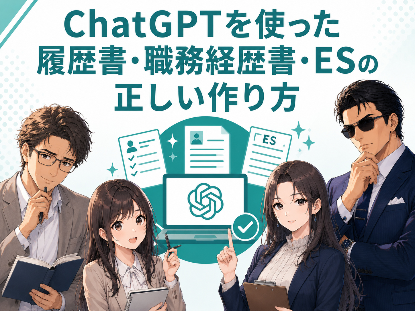 ChatGPTを使った履歴書・職務経歴書・ESの正しい作り方と、AIを活用して志望動機や自己PRへ自分の経験・強みを反映する応募書類作成方法のイメージ