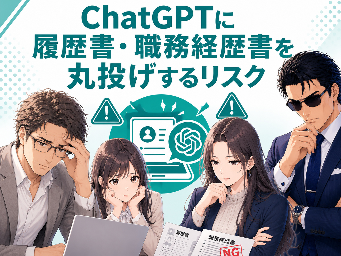 ChatGPTに履歴書・職務経歴書・ESの作成を丸投げし、本人の経験と合わない内容やAI特有の不自然な文章によって書類選考で不利になるリスクを解説するイメージ