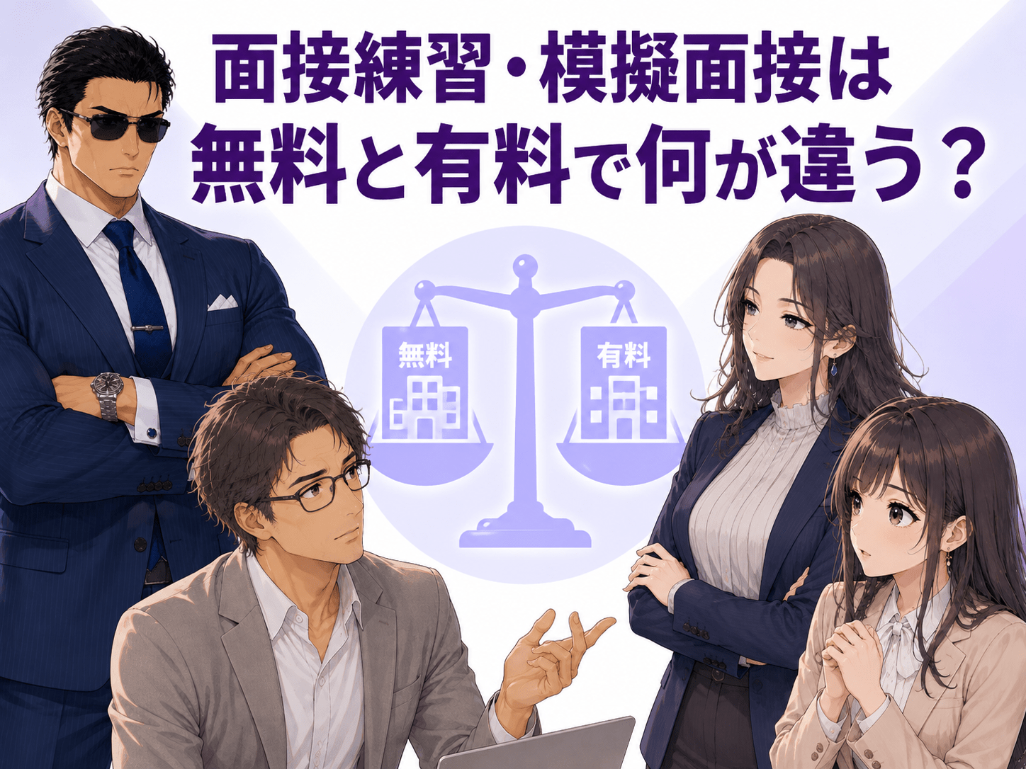 無料・有料の面接練習と模擬面接の違いを、料金・利用条件・サポート内容・面接指導の専門性から比較する画像