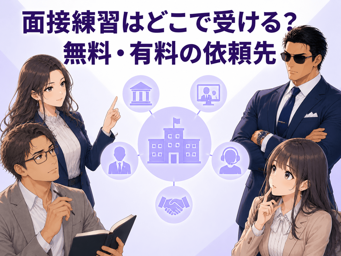 面接練習や模擬面接を受けられる転職・就活エージェント、ハローワーク、大学キャリアセンター、有料専門サービスを比較する画像