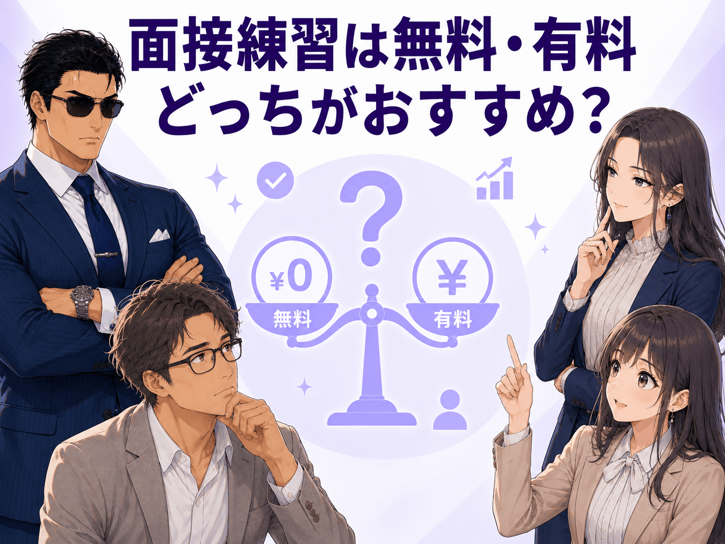 無料と有料の面接練習・模擬面接のどちらがおすすめか、面接に慣れたい人と専門的な選考対策を受けたい人の目的別に比較する画像