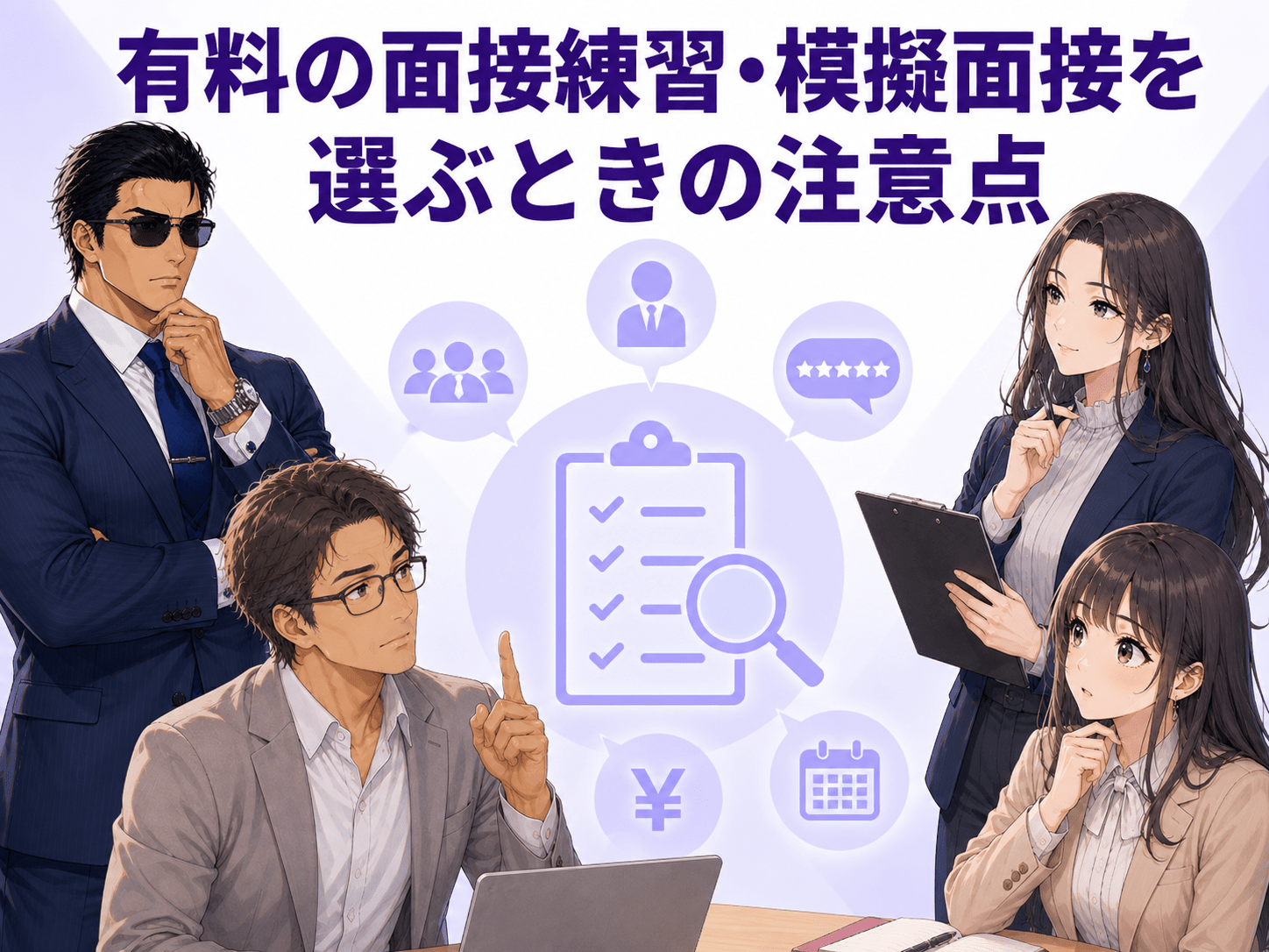有料の面接練習・模擬面接を選ぶ際に、担当者の採用実績や面接指導の専門性、フィードバック、事前相談を比較するポイントを解説する画像